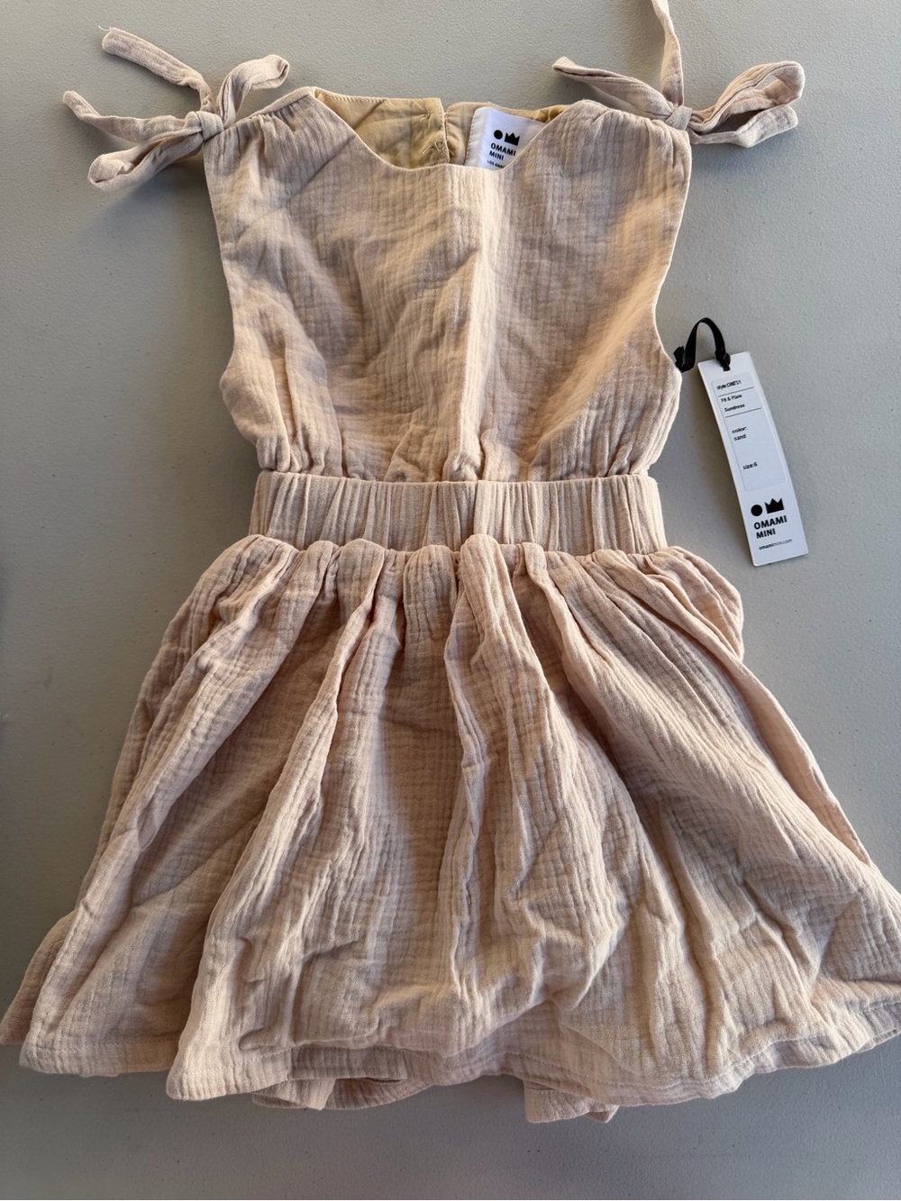 Omamimini Pale Cream Tie-Shoulder Cotton Dress
